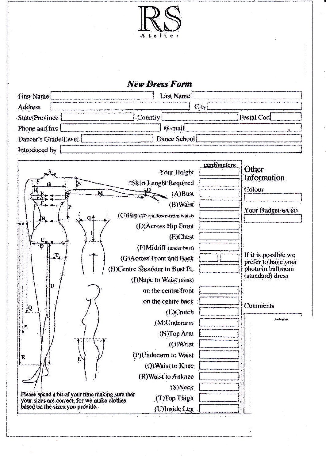 Printable Tailor Measurement Chart